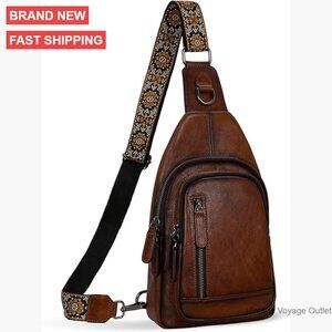 Genuine Leather Sling Bag Multi-Pocket RFID Blocking Adjustable Strap Travel